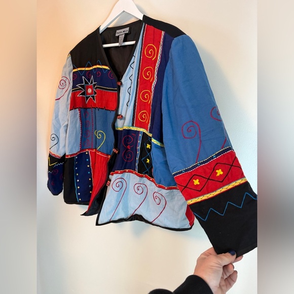 INDIGO MOON Patchwork Embroidered Blazer Jacket Aztec Boho 2X Vintage - Picture 5 of 9